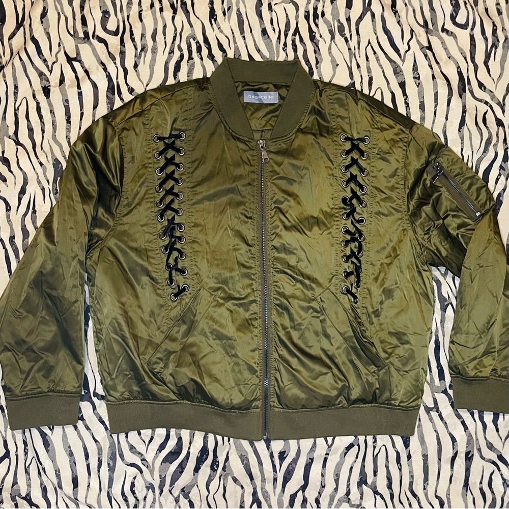 Bagatelle Olive Bomber Jacket with Lace-Up Corset Details - Picture 3 of 7